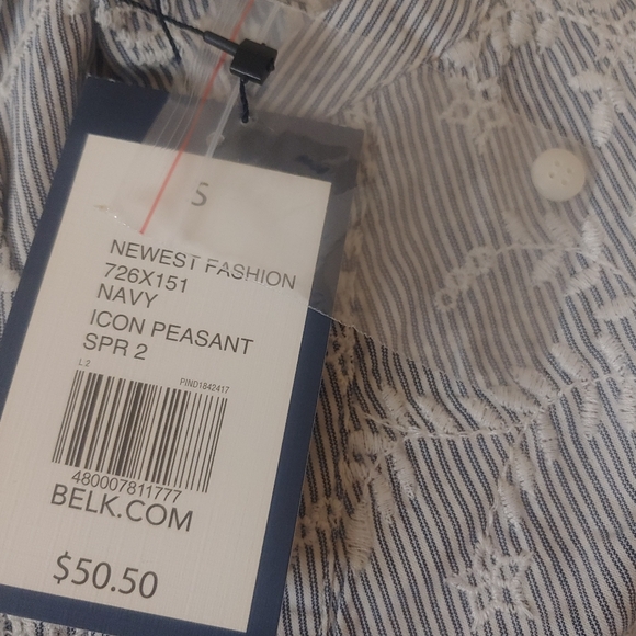 NWT Crown And Ivy Icon Peasant Top Blue White Embroidered Striped SZ Small $50 - Picture 7 of 10